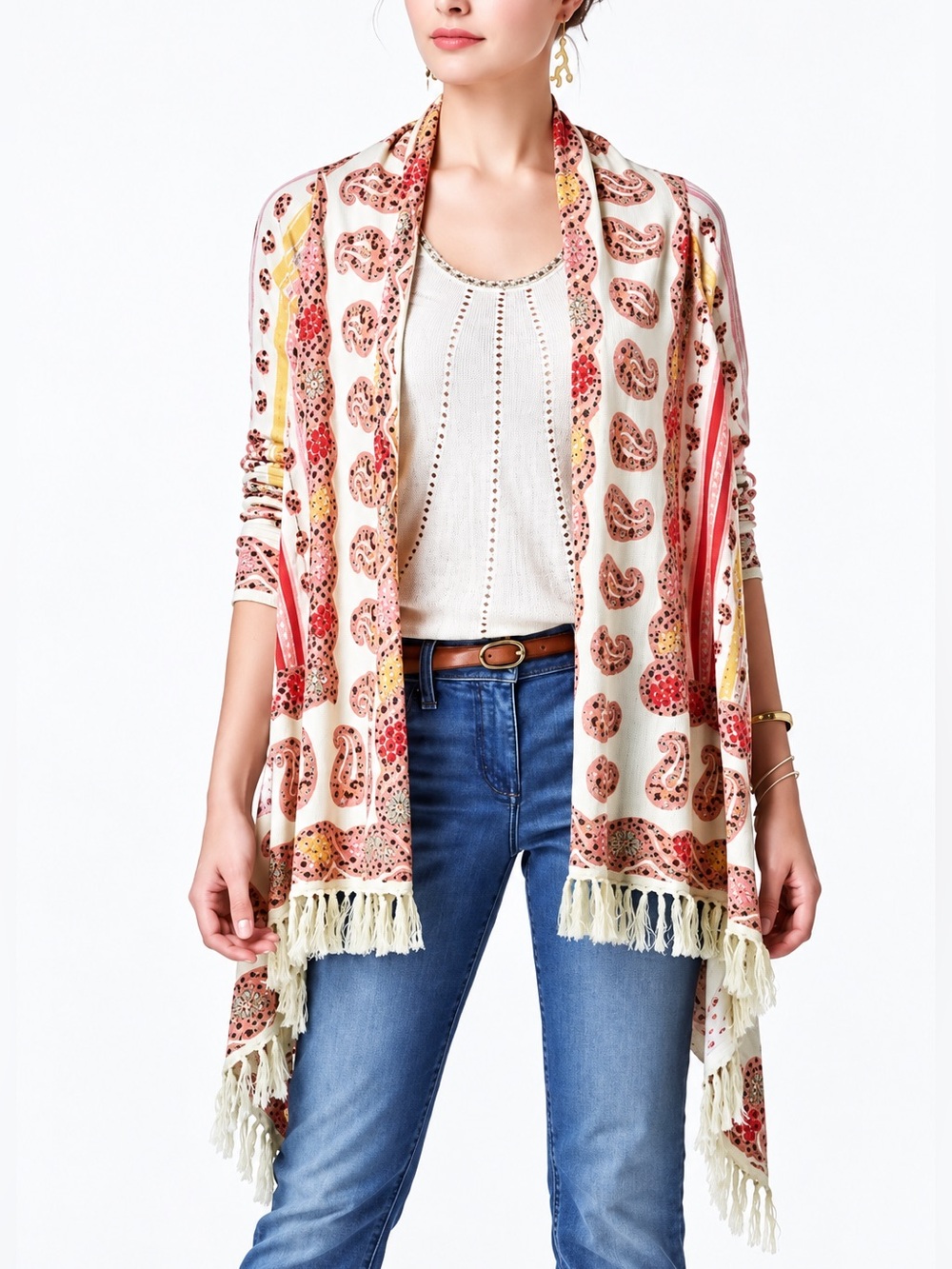 Anthropologie Guinevere Paisley Waterfall Fringe Cashmere Blend Cardigan Size M